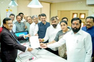 Shiv Sena leader Sachin Ahir files his nomination for the Maharashtra Legislative Council Deputy Chairman election in the presence of Chief Minister Devendra Fadnavis, Deputy Chief Minister Eknath Shinde and Mahayuti leaders.