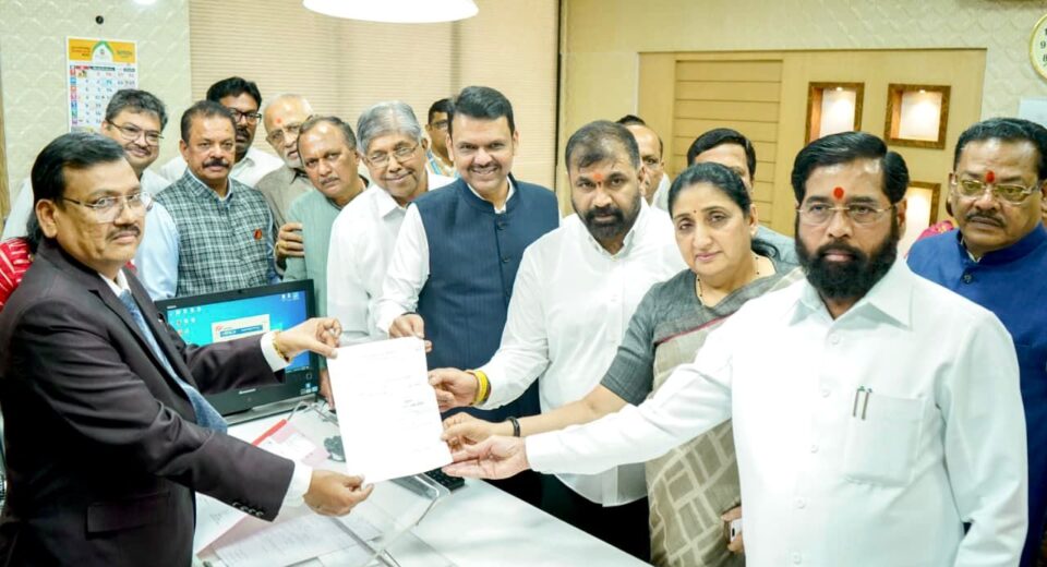 Shiv Sena leader Sachin Ahir files his nomination for the Maharashtra Legislative Council Deputy Chairman election in the presence of Chief Minister Devendra Fadnavis, Deputy Chief Minister Eknath Shinde and Mahayuti leaders.