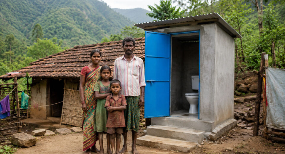 आदिवासी कुटुंब त्यांच्या घराशेजारी बांधलेल्या शौचालयासमोर उभे असताना.