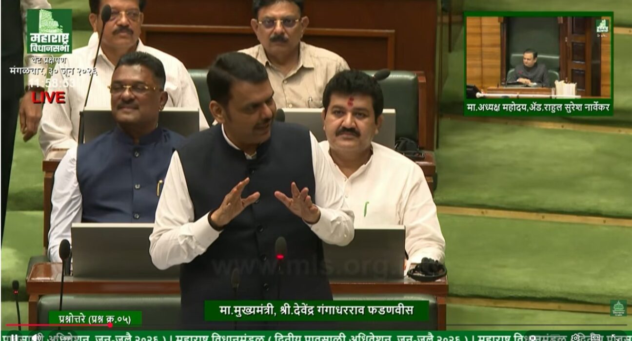 Maharashtra Chief Minister Devendra Fadnavis speaking in the Legislative Assembly while announcing stringent action, including MCOCA provisions, against organised gangs that use children for criminal activities.