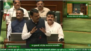 Maharashtra Chief Minister Devendra Fadnavis speaking in the Legislative Assembly while announcing stringent action, including MCOCA provisions, against organised gangs that use children for criminal activities.