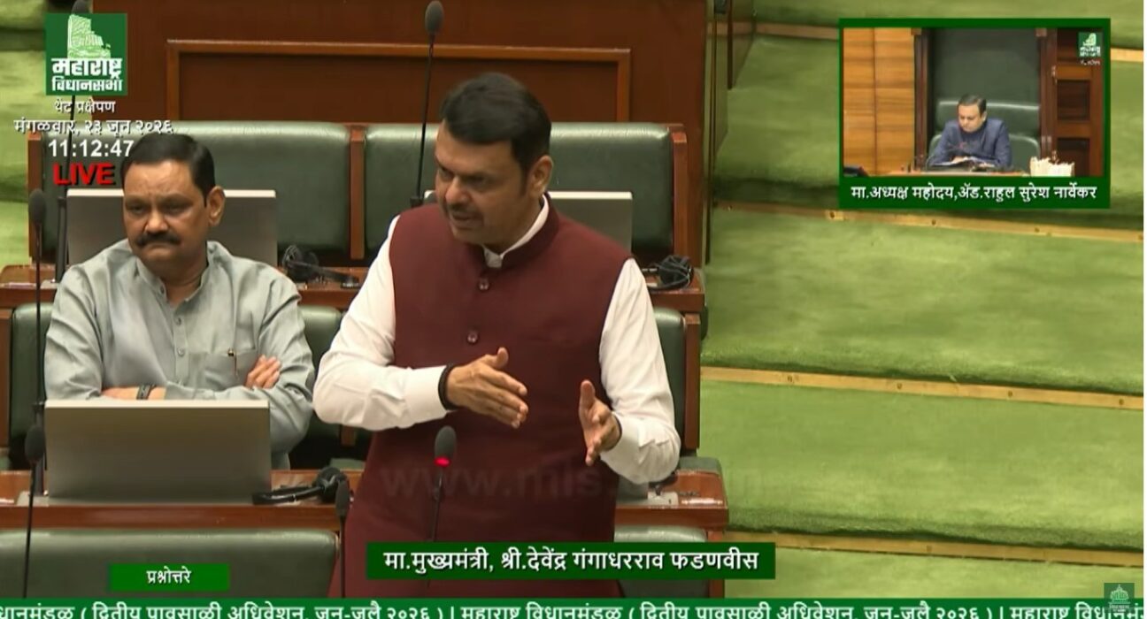 Maharashtra Chief Minister Devendra Fadnavis addressing the Legislative Assembly on anti-drug enforcement measures and police accountability during the monsoon session.