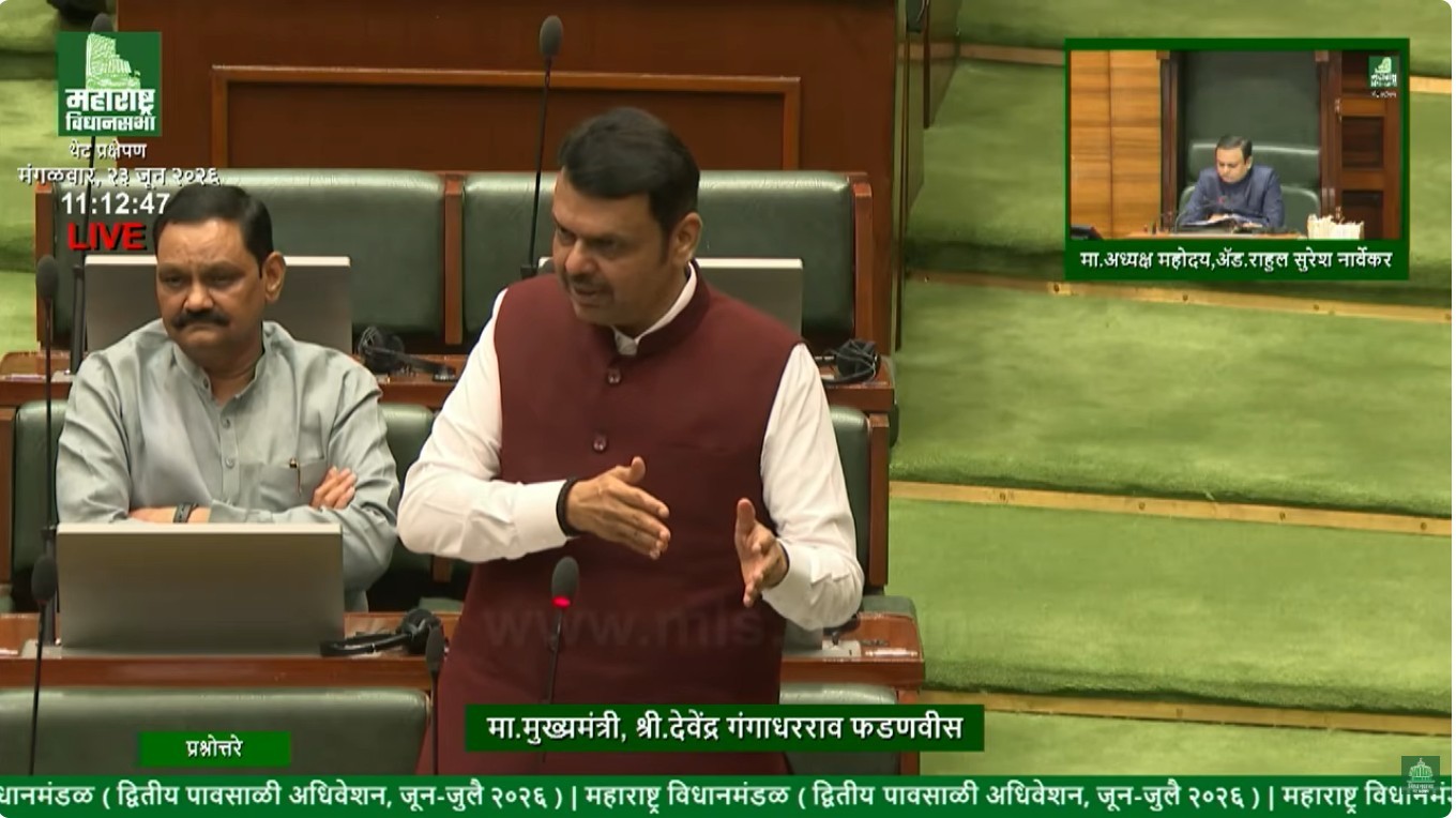 Maharashtra Chief Minister Devendra Fadnavis addressing the Legislative Assembly on anti-drug enforcement measures and police accountability during the monsoon session.