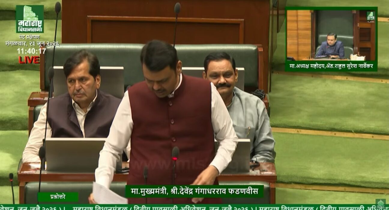 Maharashtra Chief Minister Devendra Fadnavis addressing the Legislative Assembly while discussing drone and satellite-based crop damage assessment for farmers.