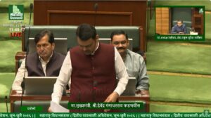 Maharashtra Chief Minister Devendra Fadnavis addressing the Legislative Assembly while discussing drone and satellite-based crop damage assessment for farmers.