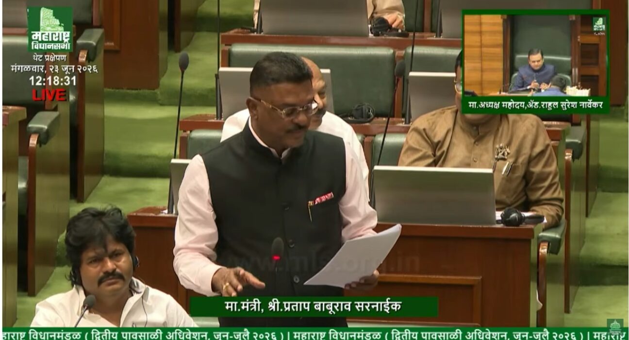 Transport Minister Pratap Sarnaik addressing the Maharashtra Legislative Assembly while announcing allowance and salary hike benefits for ST employees.
