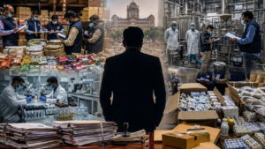 Editorial illustration showing FDA officials conducting raids on food adulteration units, gutkha networks and pharmaceutical facilities while a senior bureaucratic figure oversees enforcement operations in Maharashtra.