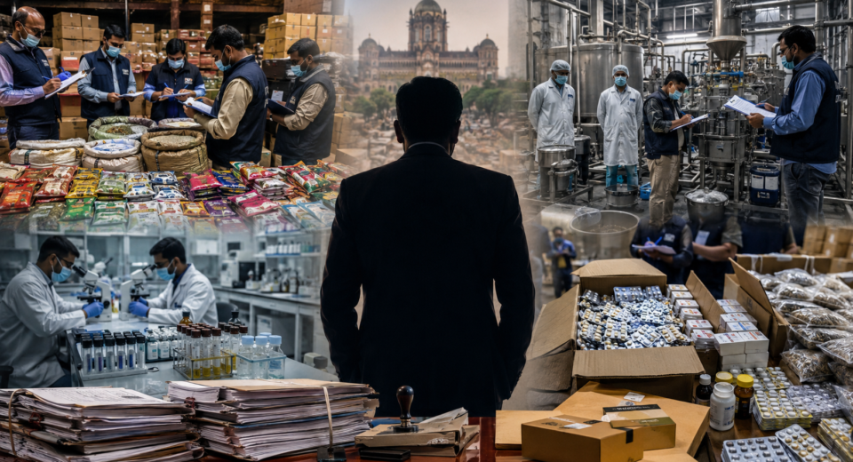 Editorial illustration showing FDA officials conducting raids on food adulteration units, gutkha networks and pharmaceutical facilities while a senior bureaucratic figure oversees enforcement operations in Maharashtra.