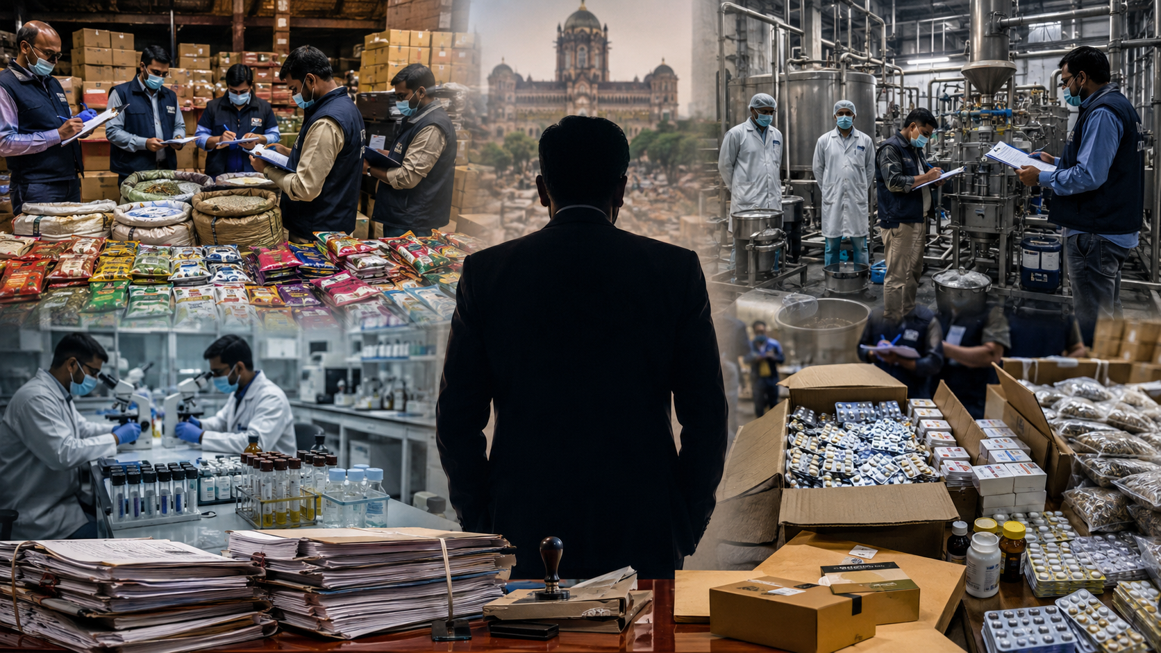 Editorial illustration showing FDA officials conducting raids on food adulteration units, gutkha networks and pharmaceutical facilities while a senior bureaucratic figure oversees enforcement operations in Maharashtra.