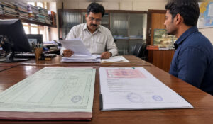 Buyer and revenue officials verifying Maharashtra 7/12 land records and a registered development agreement.