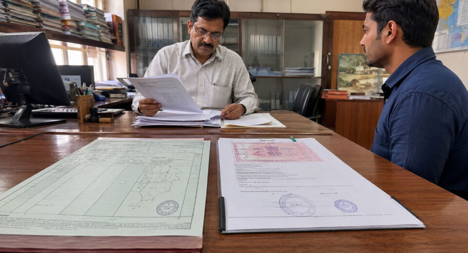 Buyer and revenue officials verifying Maharashtra 7/12 land records and a registered development agreement.