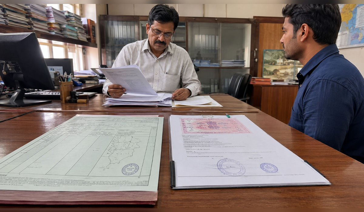 Buyer and revenue officials verifying Maharashtra 7/12 land records and a registered development agreement.