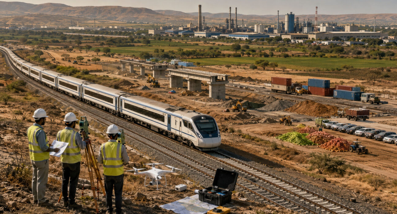 Editorial illustration of a new railway project in Maharashtra's Marathwada region.
