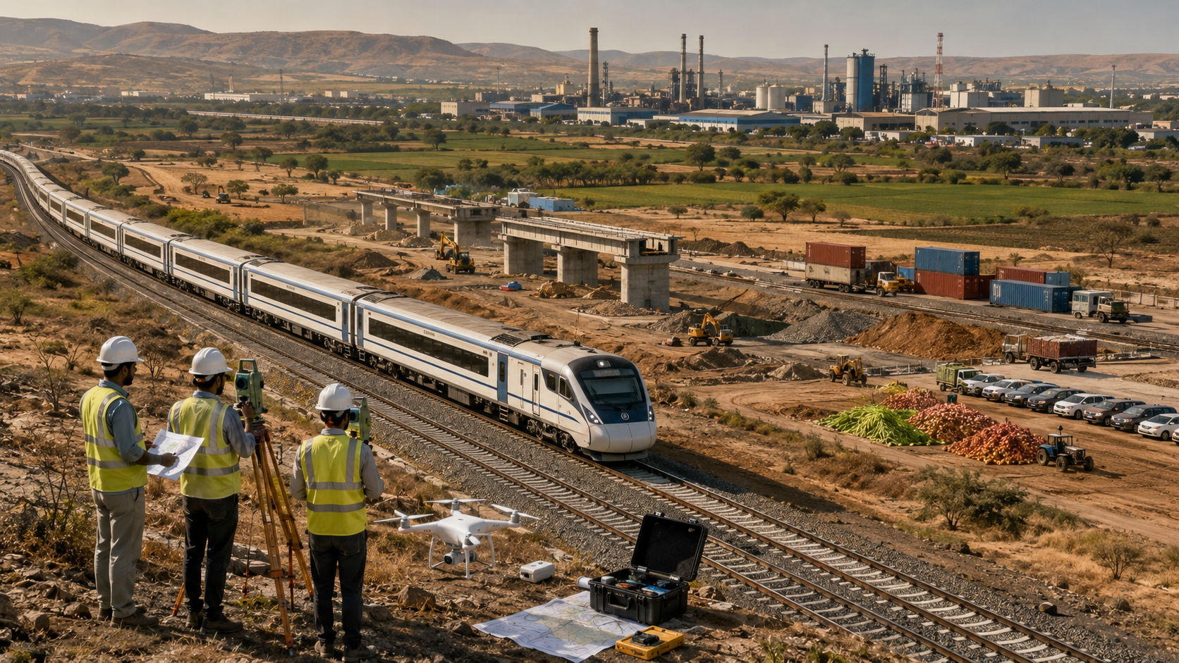 Editorial illustration of a new railway project in Maharashtra's Marathwada region.