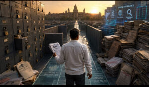 Investigative journalist holding RTI applications before locked government filing cabinets symbolising transparency challenges in Maharashtra’s Energy Department and public administration.