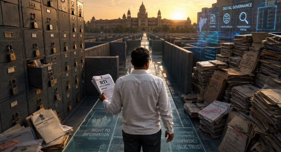 Investigative journalist holding RTI applications before locked government filing cabinets symbolising transparency challenges in Maharashtra’s Energy Department and public administration.