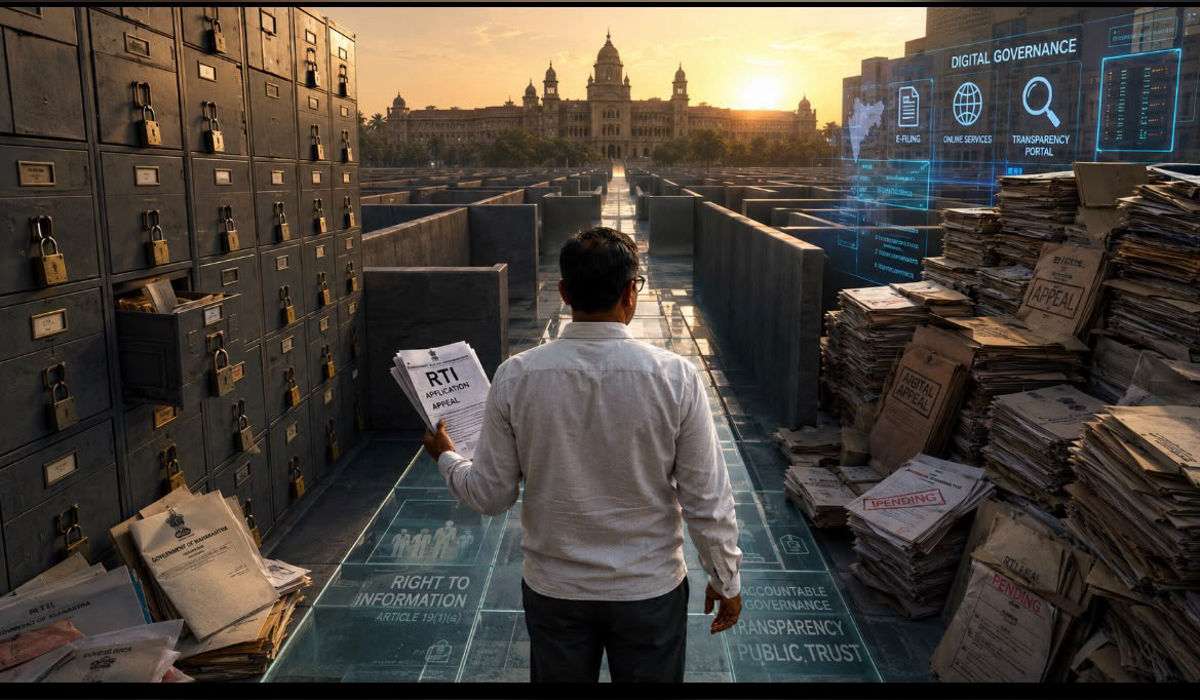 Investigative journalist holding RTI applications before locked government filing cabinets symbolising transparency challenges in Maharashtra’s Energy Department and public administration.