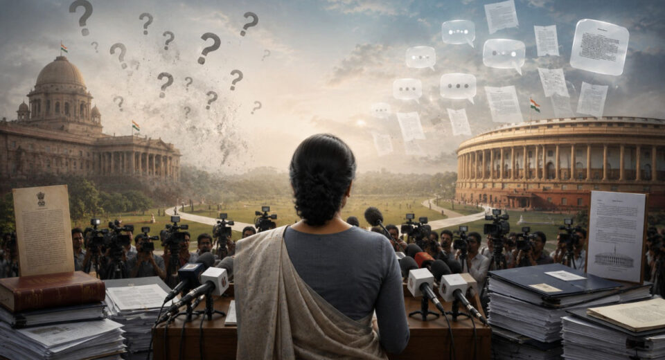प्रतिकात्मक चित्र : विरोधी आघाडी, राजकीय भूमिका आणि पत्रकार परिषद दर्शवणारे संपादकीय दृश्य.