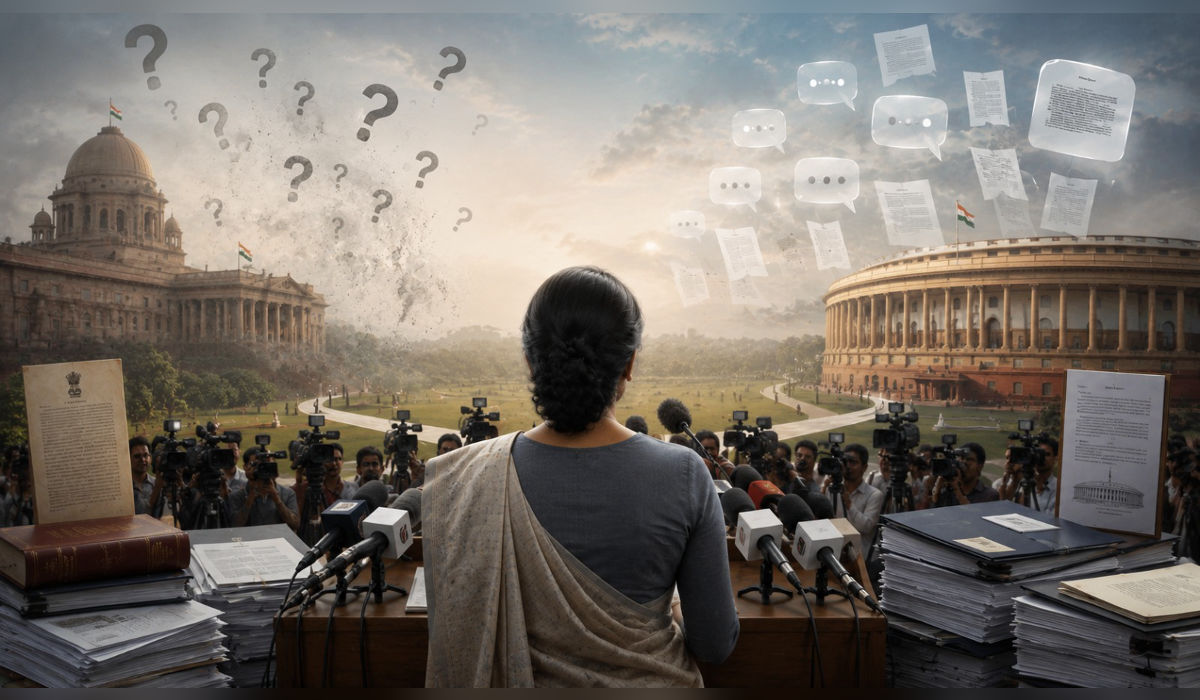 प्रतिकात्मक चित्र : विरोधी आघाडी, राजकीय भूमिका आणि पत्रकार परिषद दर्शवणारे संपादकीय दृश्य.