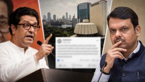 MNS chief Raj Thackeray and Maharashtra Chief Minister Devendra Fadnavis in a split editorial image with the Vidhan Bhavan and a blurred Facebook post in the background, symbolising Raj Thackeray’s criticism of the Chief Minister through a social media post.