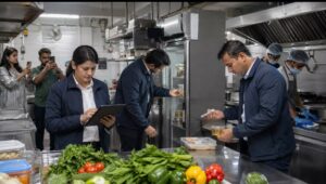 FDA food safety inspectors inspect a restaurant kitchen while citizens document hygiene violations, highlighting Maharashtra’s food safety enforcement drive.