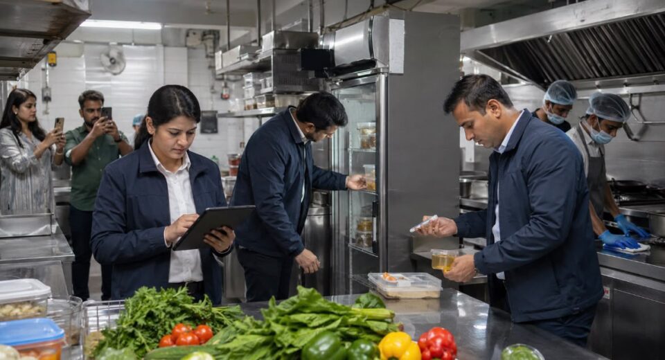 FDA food safety inspectors inspect a restaurant kitchen while citizens document hygiene violations, highlighting Maharashtra’s food safety enforcement drive.