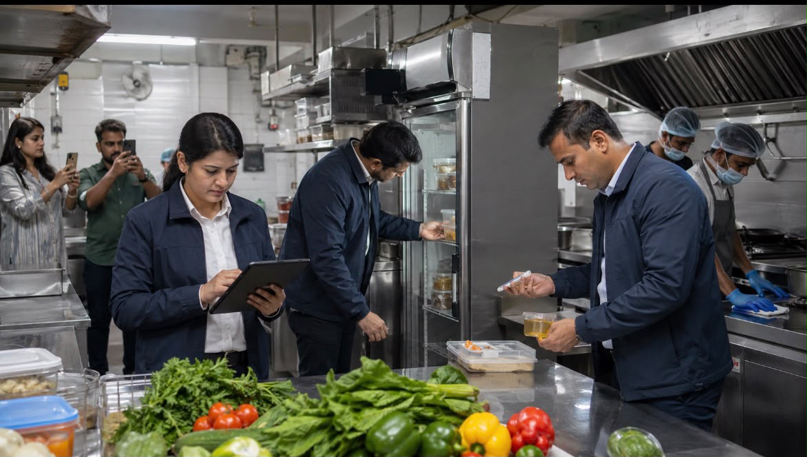 FDA food safety inspectors inspect a restaurant kitchen while citizens document hygiene violations, highlighting Maharashtra’s food safety enforcement drive.