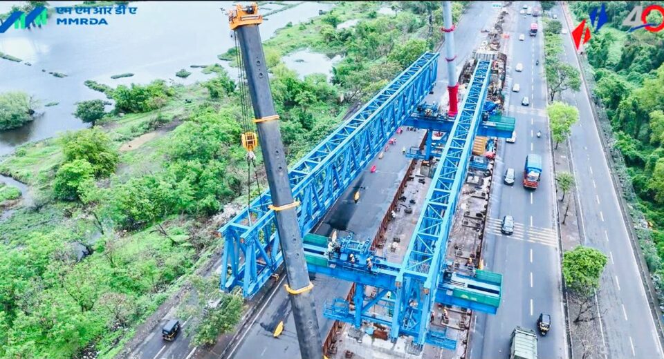MMRDA installing the massive launcher girder for the Eastern Freeway Extension project over the Eastern Express Highway in Mumbai.