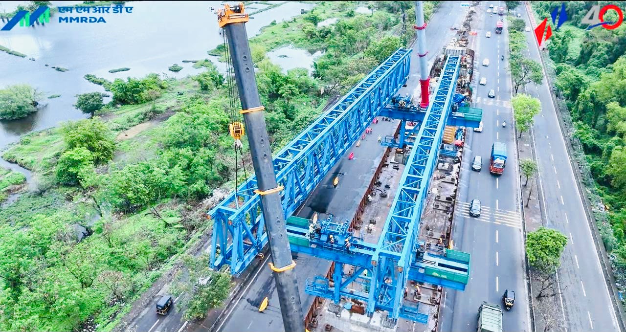 MMRDA installing the massive launcher girder for the Eastern Freeway Extension project over the Eastern Express Highway in Mumbai.