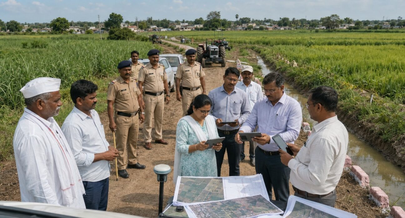 Revenue officials inspect a rural farm access road using digital land records and GPS survey equipment while police personnel provide security during the implementation of a land access order in Maharashtra.