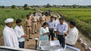Revenue officials inspect a rural farm access road using digital land records and GPS survey equipment while police personnel provide security during the implementation of a land access order in Maharashtra.