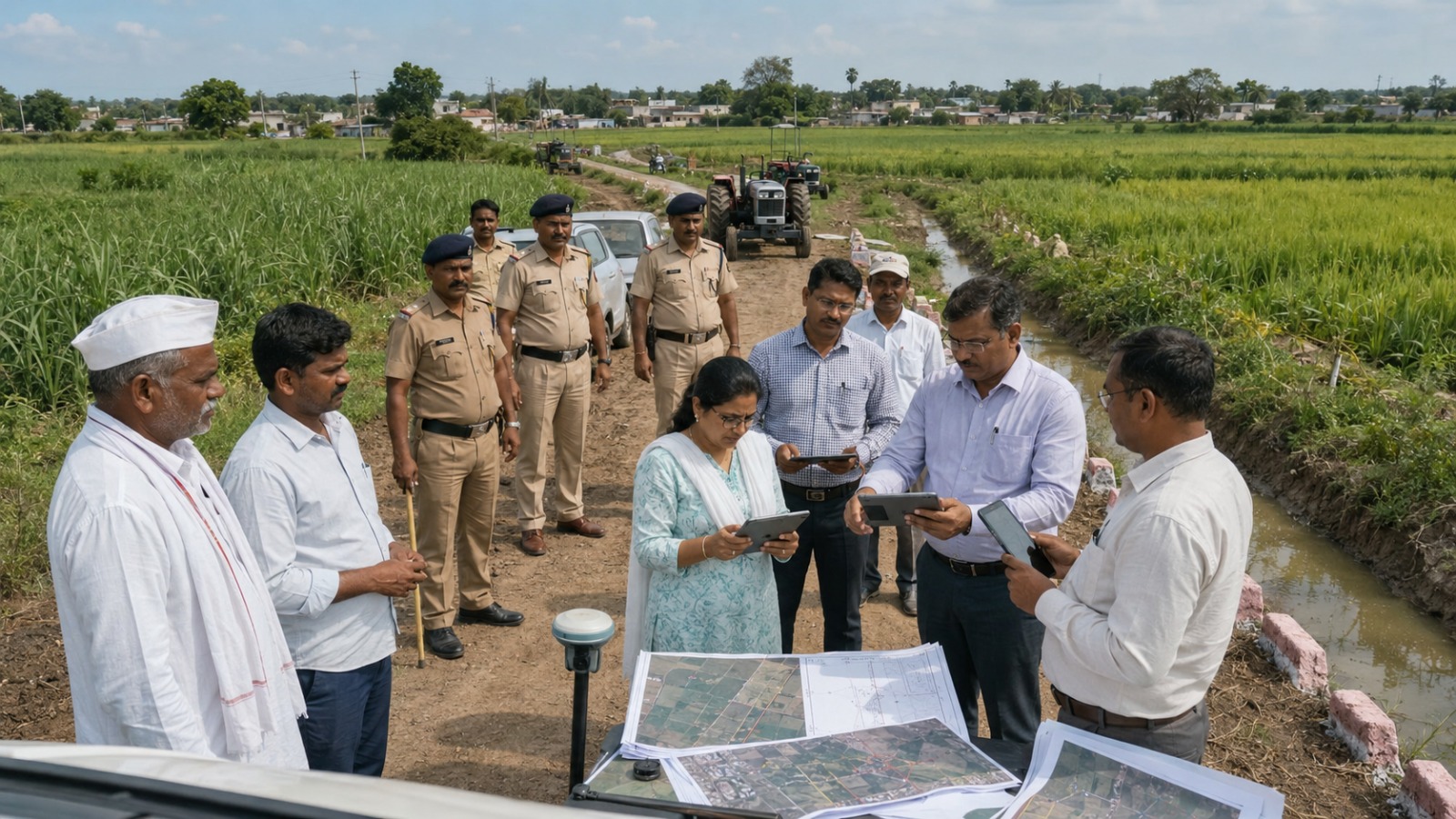 Revenue officials inspect a rural farm access road using digital land records and GPS survey equipment while police personnel provide security during the implementation of a land access order in Maharashtra.