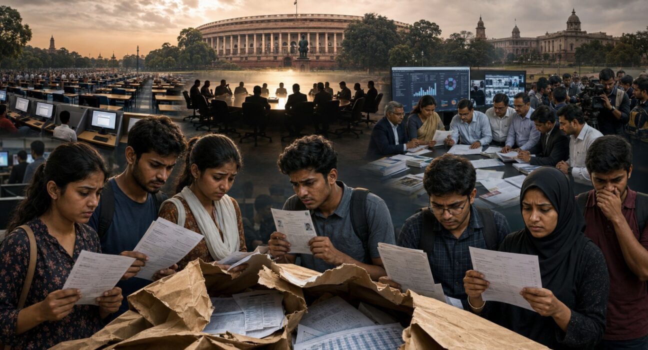 Students examine examination papers as policymakers, officials and journalists discuss the national examination paper leak controversy against the backdrop of the Indian Parliament, symbolising governance, accountability and public concern.
