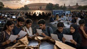 Students examine examination papers as policymakers, officials and journalists discuss the national examination paper leak controversy against the backdrop of the Indian Parliament, symbolising governance, accountability and public concern.