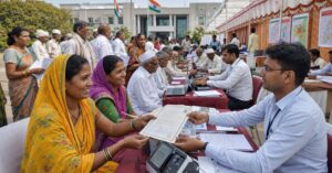 महसूल विभागाच्या शिबिरात ग्रामीण महिलांना शेतकरी प्रमाणपत्रे व जमिनीसंबंधित कागदपत्रे वितरित करताना महसूल अधिकारी.