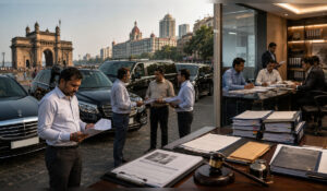 Commercial transport operators review payment documents beside premium vehicles near Mumbai's Gateway of India while corporate officials examine contract files, symbolising an alleged payment dispute in the luxury hotel transport sector.