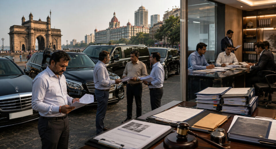 Commercial transport operators review payment documents beside premium vehicles near Mumbai's Gateway of India while corporate officials examine contract files, symbolising an alleged payment dispute in the luxury hotel transport sector.