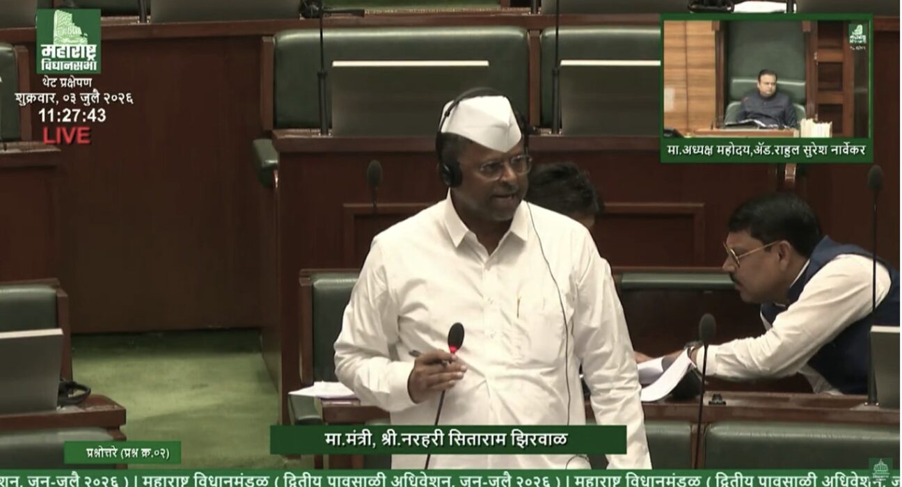 Maharashtra Food and Drug Administration Minister Narhari Jhirwal addresses the Legislative Assembly while responding to questions on the revival of Hafkine Bio-Pharmaceutical Corporation in Mumbai.