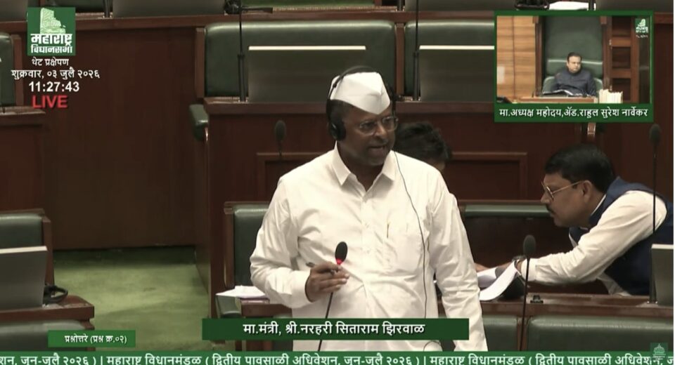 Maharashtra Food and Drug Administration Minister Narhari Jhirwal addresses the Legislative Assembly while responding to questions on the revival of Hafkine Bio-Pharmaceutical Corporation in Mumbai.