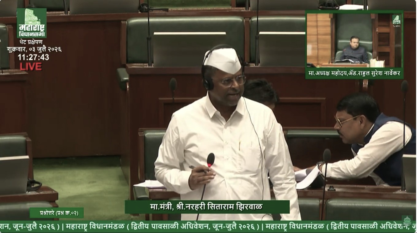 Maharashtra Food and Drug Administration Minister Narhari Jhirwal addresses the Legislative Assembly while responding to questions on the revival of Hafkine Bio-Pharmaceutical Corporation in Mumbai.