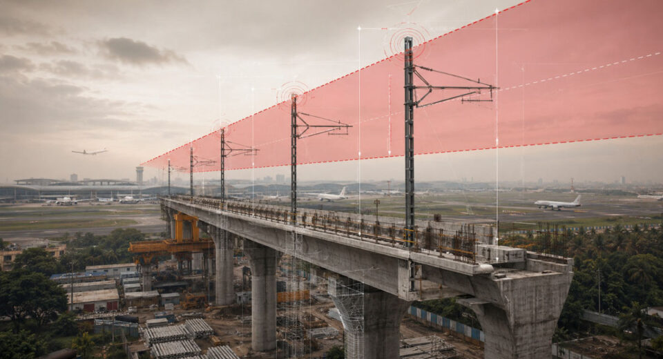 Editorial illustration showing Mumbai Metro 7A viaduct near the airport, with OHE poles crossing a visualised aviation height-clearance limit.