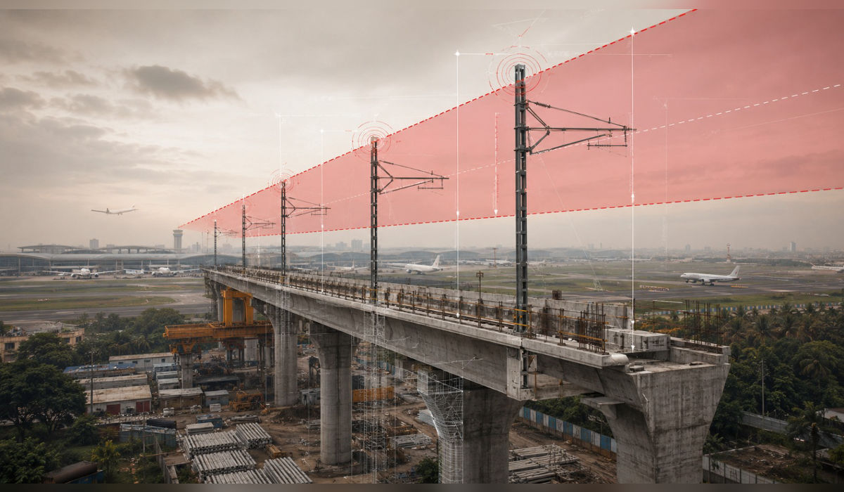 Editorial illustration showing Mumbai Metro 7A viaduct near the airport, with OHE poles crossing a visualised aviation height-clearance limit.