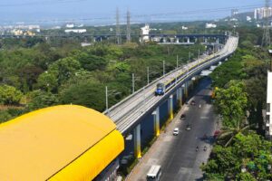 Mumbai Metro train operating on the MMRDA metro network, which has crossed the historic milestone of 30 crore passengers.