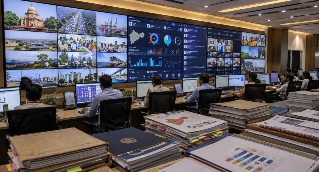 Government communication and media monitoring centre displaying television broadcasts, digital news platforms, analytics dashboards and public information systems as part of Maharashtra's official publicity and communication strategy.