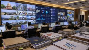Government communication and media monitoring centre displaying television broadcasts, digital news platforms, analytics dashboards and public information systems as part of Maharashtra's official publicity and communication strategy.
