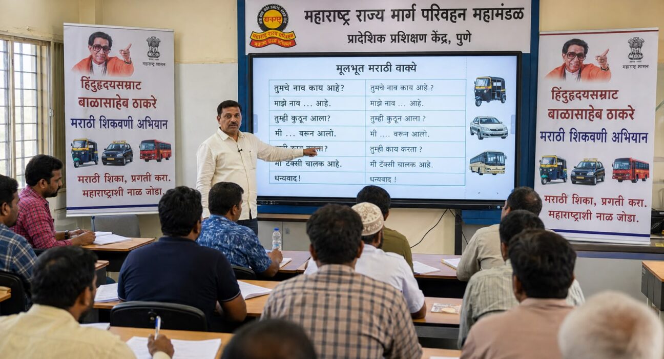 परिवहन मंत्री प्रताप सरनाईक यांच्या मराठी शिकवणी अभियानांतर्गत अमराठी व्यावसायिक चालकांना मराठी प्रशिक्षण देण्यात आले.