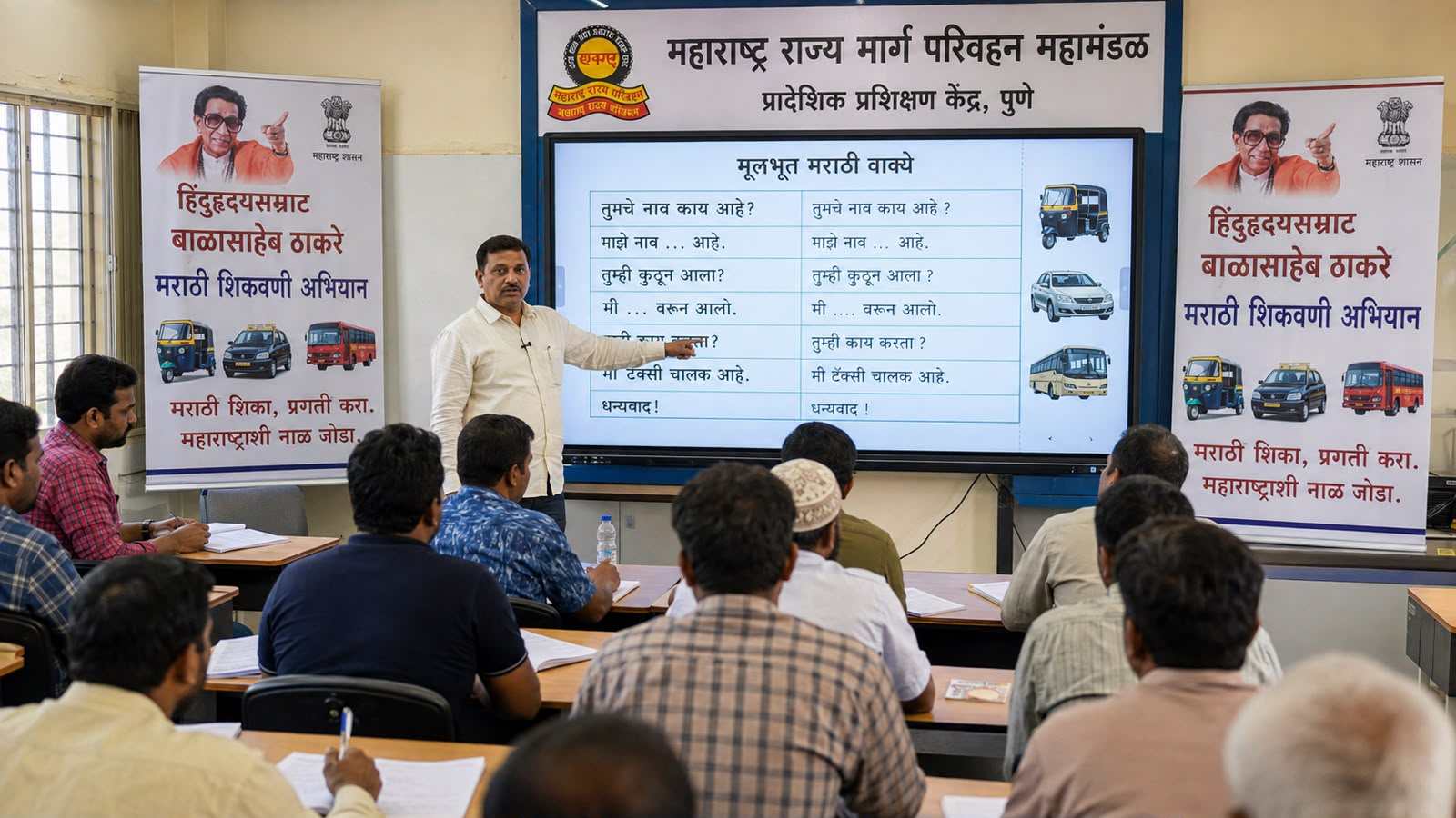 परिवहन मंत्री प्रताप सरनाईक यांच्या मराठी शिकवणी अभियानांतर्गत अमराठी व्यावसायिक चालकांना मराठी प्रशिक्षण देण्यात आले.