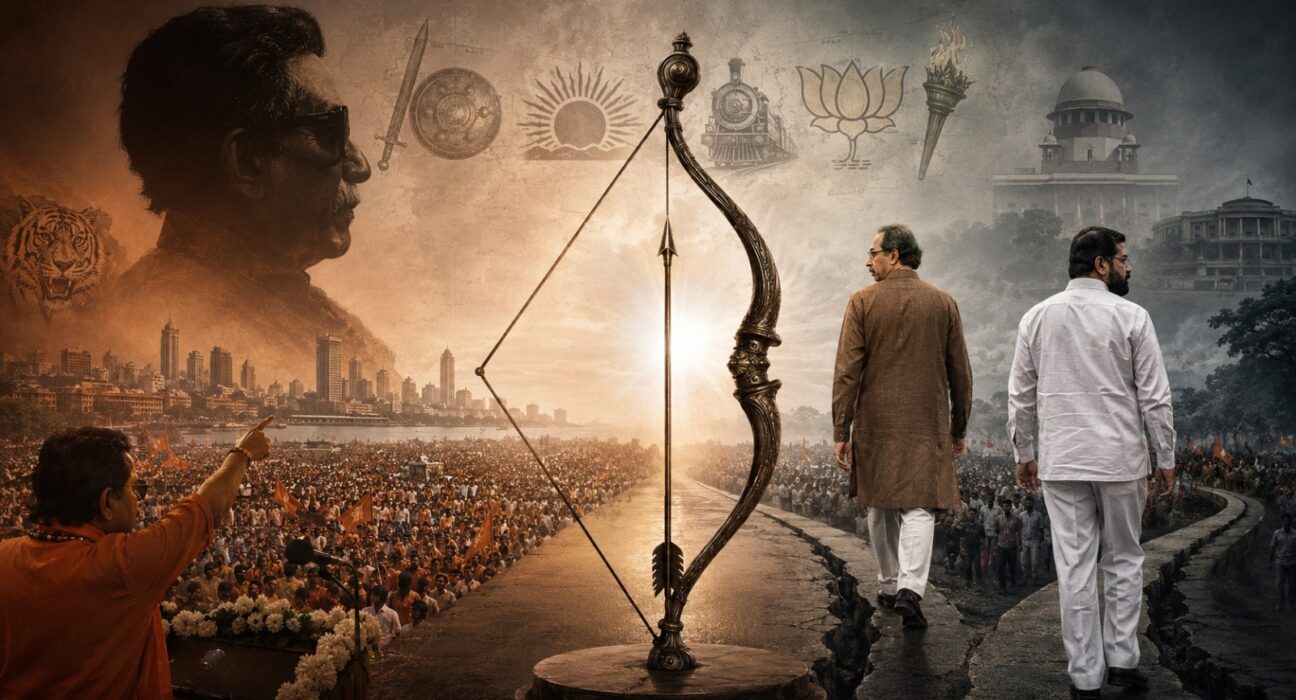 Shiv Sena bow and arrow symbol between the political legacies of Balasaheb Thackeray, Uddhav Thackeray and Eknath Shinde, with the Supreme Court in the background.