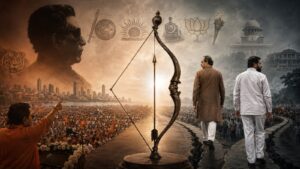 Shiv Sena bow and arrow symbol between the political legacies of Balasaheb Thackeray, Uddhav Thackeray and Eknath Shinde, with the Supreme Court in the background.