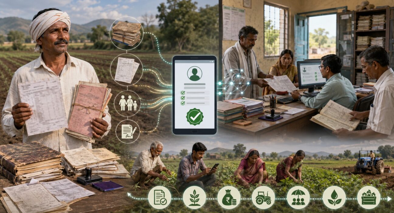 सातबारा व इतर जमीन अभिलेखातील त्रुटींमुळे Farmer ID न मिळालेल्या महाराष्ट्रातील शेतकऱ्यांसाठी दस्तऐवज पडताळणी आणि AgriStack नोंदणीची प्रक्रिया दर्शविणारे प्रतीकात्मक चित्र.